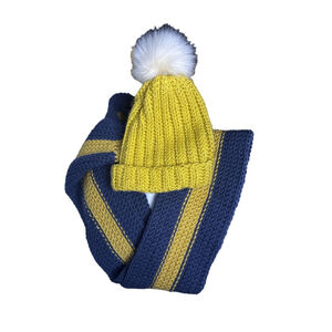 NWOT Knit Yellow & Navy Striped Infinity Scarf & Beanie Set